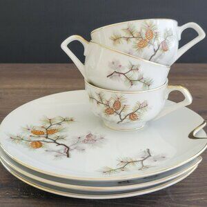 Vintage Pinecone Teacup & Snack Tray Set of 3,  Brown Tree Branch & Pine Needles
